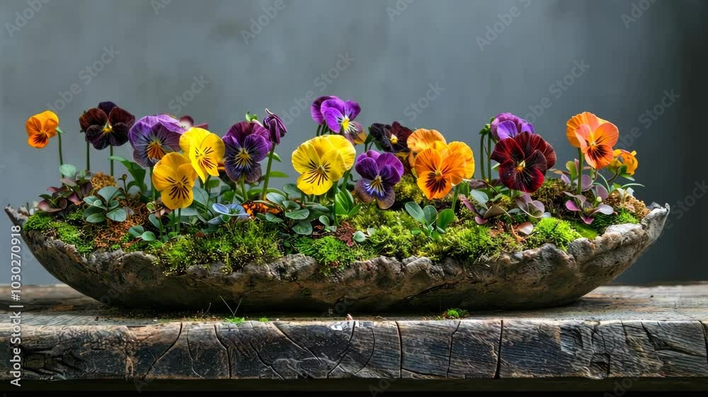 A colorful arrangement of pansies in a rustic planter sits on a weathered wooden surface