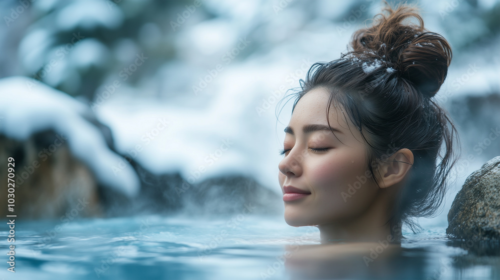 Fototapeta premium 温泉でリラックスする日本人女性