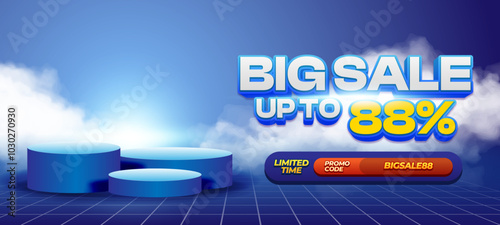 Big Shopping day Sale discount deals Vibrant blue gradient  podium showcase horizontal banner