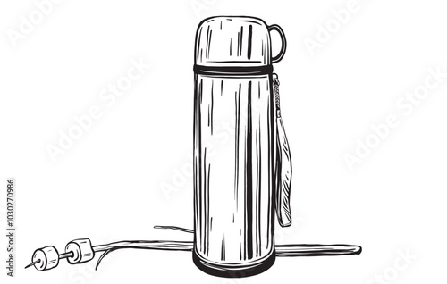 Thermos and fried marshmallow hand drawn in doodle style. A container with mug of hot drink for hike. Tourist equipment. Dishes for maintaining the temperature of liquids. Vector line art illustration