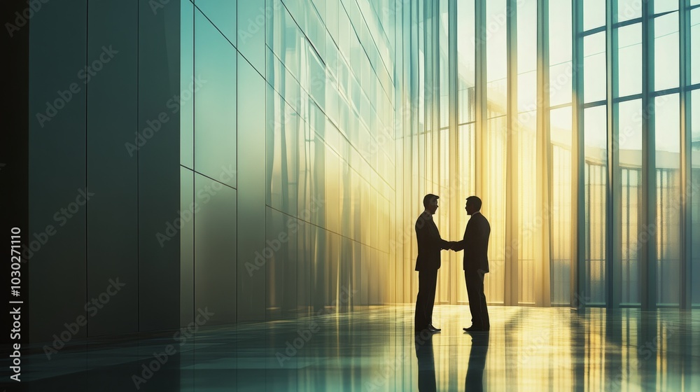 Two business professionals are engaged in a handshake inside a contemporary office building Two business professionals are engaged in a handshake inside a contemporary office building