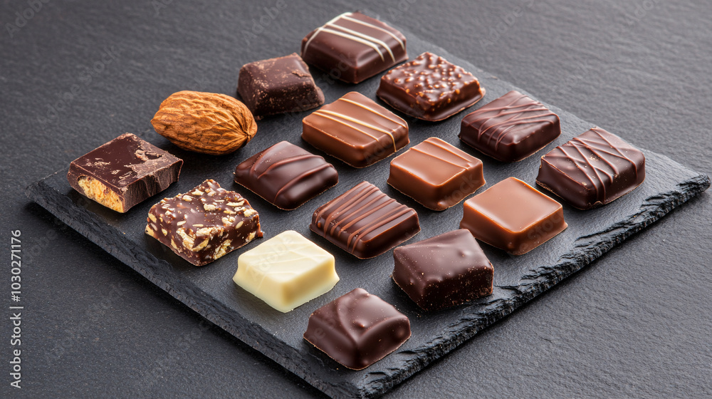 Delight in assortment of gourmet chocolates arranged beautifully on slate platter, showcasing various textures and flavors that evoke indulgence and luxury Delight in assortment of gourmet chocolates arranged beautifully on slate platter, showcasing various textures and flavors that evoke indulgence and luxury