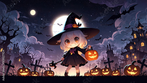 A girl with light blue hair wearing a witch's hat decorated with pumpkins,
