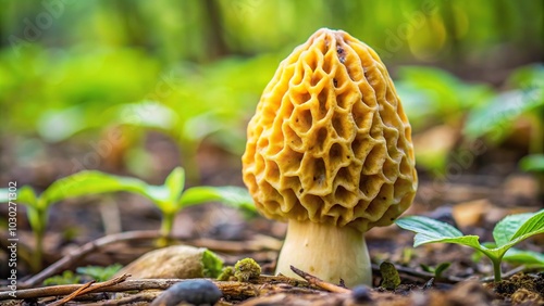 Wide-Angle Yellow morel mushroom Morchella esculenta fruiting body collected in a backyard in Indiana