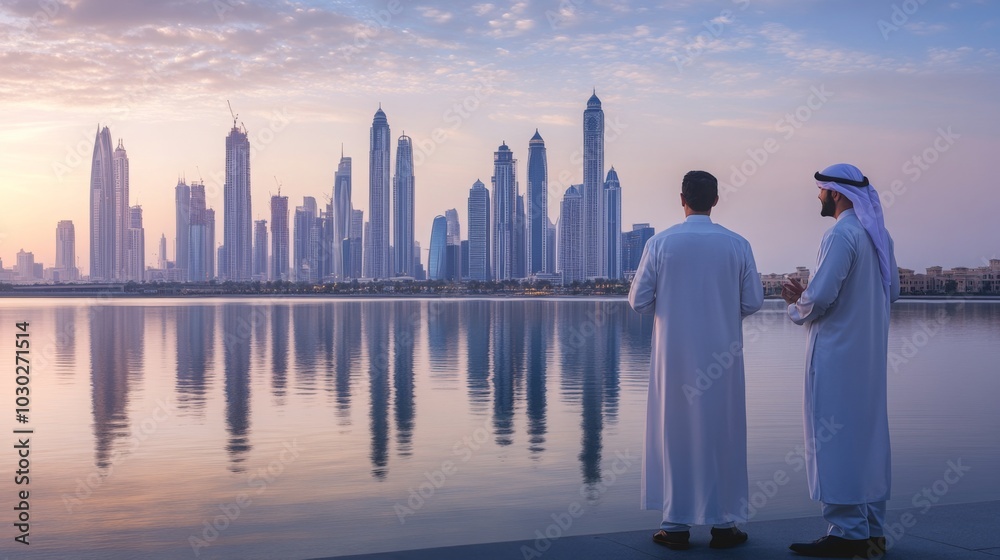 Two men in traditional attire stand by a lake in Dubai, admiring the impressive skyline. The early morning light creates a stunning reflection on the water, highlighting the modern architecture. Two men in traditional attire stand by a lake in Dubai, admiring the impressive skyline. The early morning light creates a stunning reflection on the water, highlighting the modern architecture.