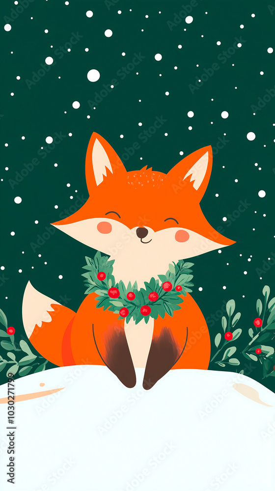 Obraz premium Charming Winter Fox Illustration with Festive Wreath, Snowfall on Emerald Background - Seasonal Greeting Card Design