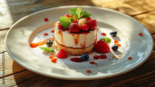 Delight in this exquisite dessert featuring creamy cheesecake topped with fresh raspberries, blueberries, and mint leaves, elegantly presented on rustic wooden table