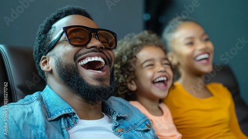 A happy family of three, a father and his two daughters, all laughing together.