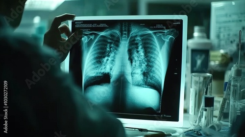 Doctor carefully examines X-ray film of patient's lungs, identifying COVID-19 complications, with medical instruments and charts in the background.