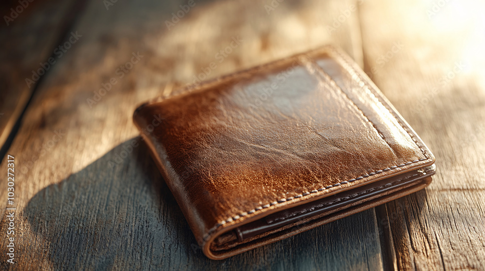 close up view of brown leather wallet resting on wooden surface, showcasing its texture and craftsmanship. warm lighting enhances wallets rich color and details, creating inviting atmosphere close up view of brown leather wallet resting on wooden surface, showcasing its texture and craftsmanship. warm lighting enhances wallets rich color and details, creating inviting atmosphere