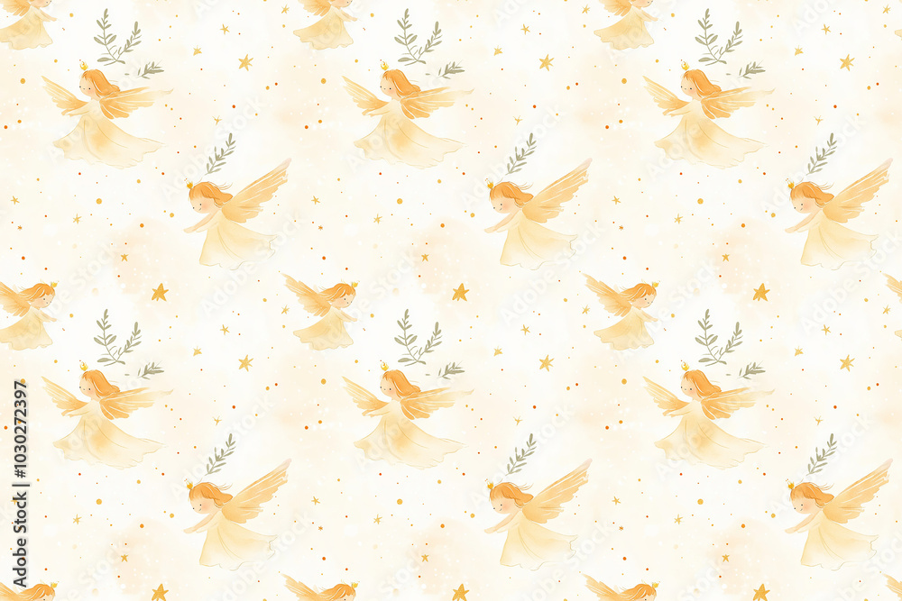 A continuous watercolor pattern of golden angels with fluttering wings and soft gowns, perfect for chic textiles, wallpapers, and gift packaging.