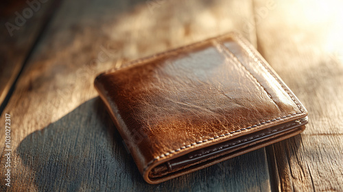 close up view of brown leather wallet resting on wooden surface, showcasing its texture and craftsmanship. warm lighting enhances wallets rich color and details, creating inviting atmosphere