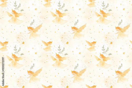 Obraz na płótnie A continuous watercolor pattern of golden angels with fluttering wings and soft gowns, perfect for chic textiles, wallpapers, and gift packaging. w salonie