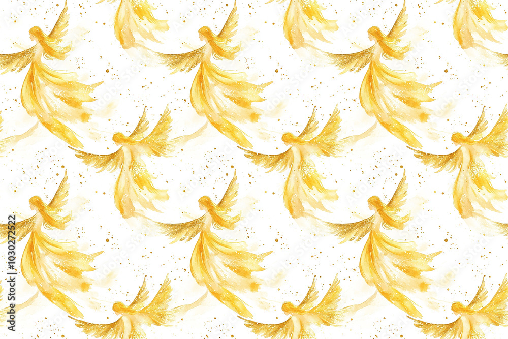 A seamless watercolor pattern of golden angels with flowing wings and dresses, perfect for elegant textiles, wallpapers, and gift-wrapping paper.