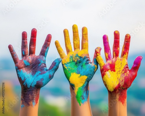 Several raised hands covered in colorful paint, symbolizing unity Universal Human Rights Month photo