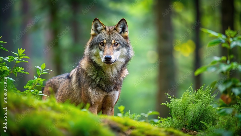 Wild European wolf Canis lupus lupus in lush green forest reflecting in water Wild European wolf Canis lupus lupus in lush green forest reflecting in water