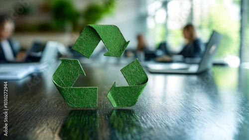 A symbolic image featuring a green recycling logo, emphasizing sustainability and eco-friendly practices in a business environment.	 photo