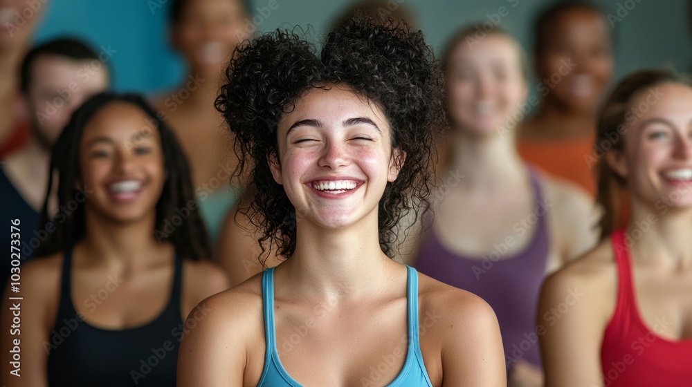 A young woman with curly hair laughs happily while sitting in a group of people. A young woman with curly hair laughs happily while sitting in a group of people.