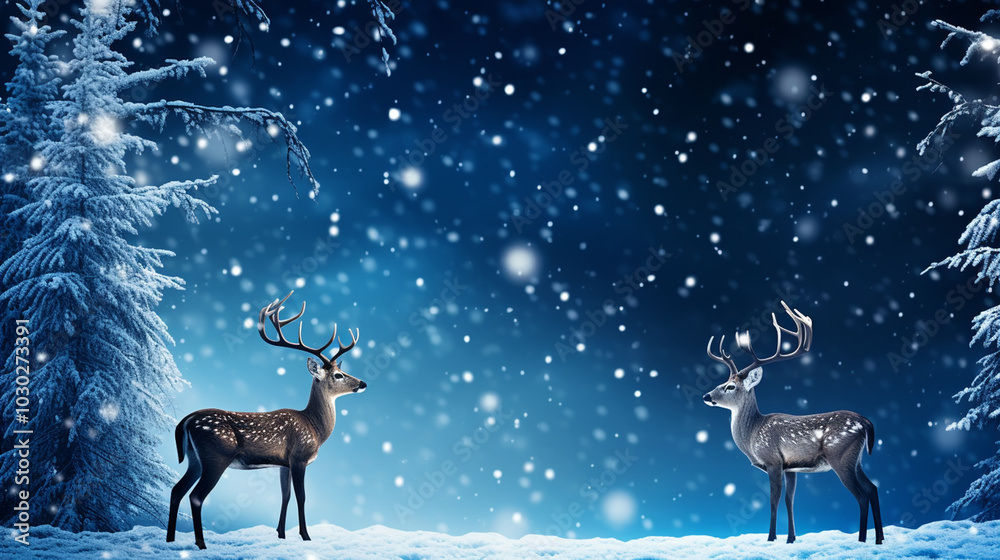 Winter landscape with deer in the forest at night background. Winter landscape with deer in the forest at night background.