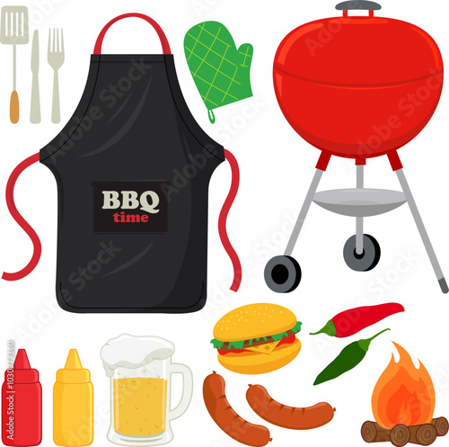 Barbecue picnic party set with bbq grill, cooking apron and food. Flaming roasted hot grill for hot dogs and hamburgers. Spicy chili peppers and beer. Vector illustration