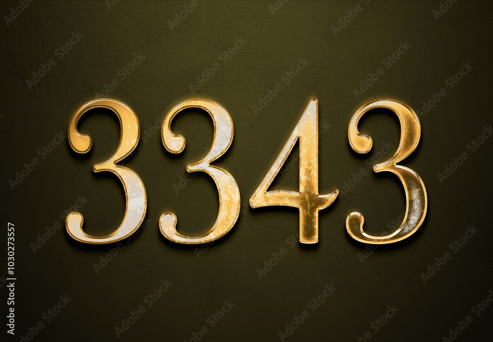 Old gold effect of 3343 number with 3D glossy style Mockup. Old gold effect of 3343 number with 3D glossy style Mockup.