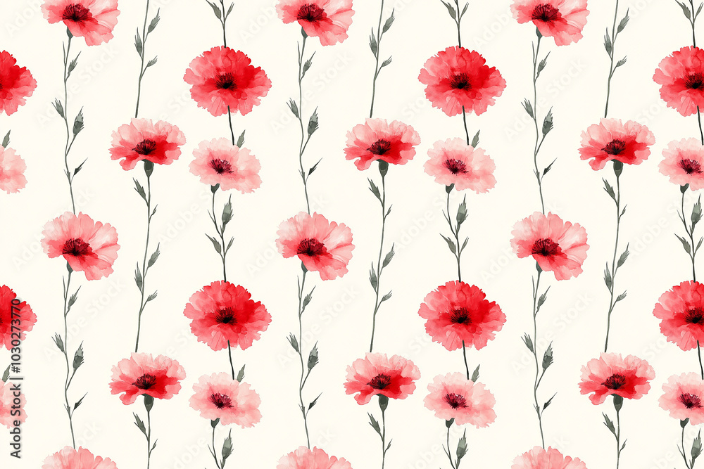 A seamless pattern featuring red watercolor poppies with delicate green stems, set against a light background for elegant designs. A seamless pattern featuring red watercolor poppies with delicate green stems, set against a light background for elegant designs.