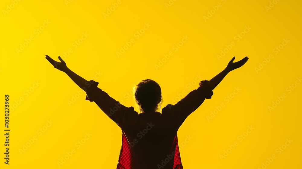 Summer Solstice. Photograph of a person enjoying a sunny day, arms wide open under a clear sky, placed on a vibrant yellow background Summer Solstice. Photograph of a person enjoying a sunny day, arms wide open under a clear sky, placed on a vibrant yellow background