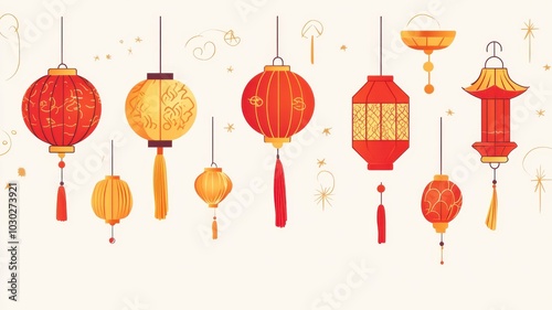 Festive pattern of Chinese lanterns in various shapes and colors, surrounded by stars and swirls for a cozy holiday look. Christmas