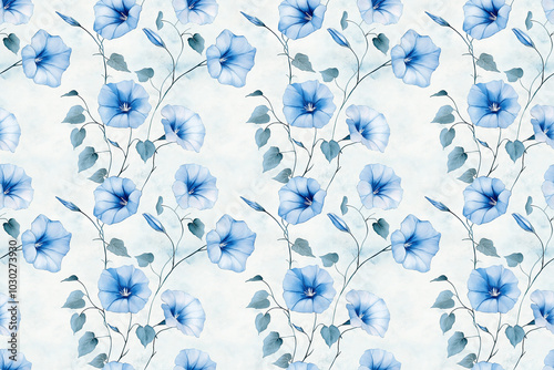 A beautiful seamless floral pattern featuring delicate blue watercolor flowers and leaves on a light background, perfect for fabric, wallpaper, and design projects.