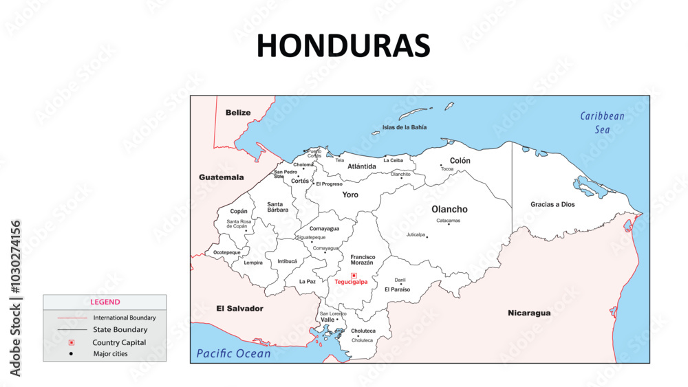 Fototapeta premium honduras Map. State map of honduras. Administrative map of honduras with state and capital in white color.