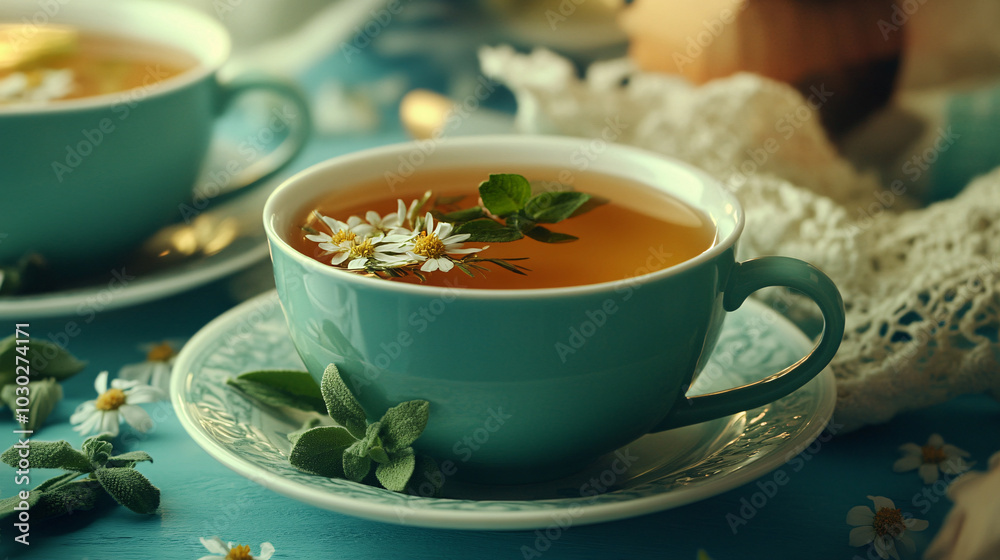 serene cup of herbal tea with fresh mint and flowers, resting on decorative plate. calming colors and delicate details create peaceful atmosphere serene cup of herbal tea with fresh mint and flowers, resting on decorative plate. calming colors and delicate details create peaceful atmosphere