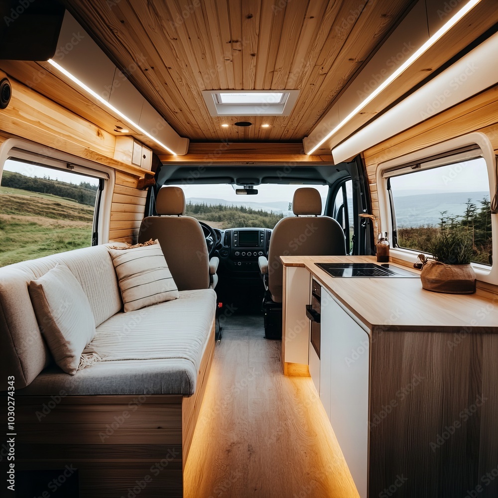 Naklejka premium A stylish van interior with natural wood finishes, ambient lighting, a comfortable seating area, and a compact kitchen, designed for an inviting and functional van life experience