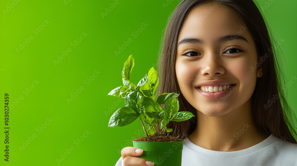 World Environment Day. Portrait of a young person smiling while holding a small plant placed against a vibrant green background World Environment Day. Portrait of a young person smiling while holding a small plant placed against a vibrant green background