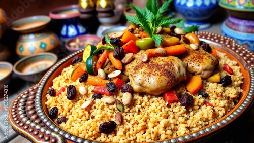Moroccan Couscous Dish, Colorful Moroccan Cuisine, roasted chicken with vegetables