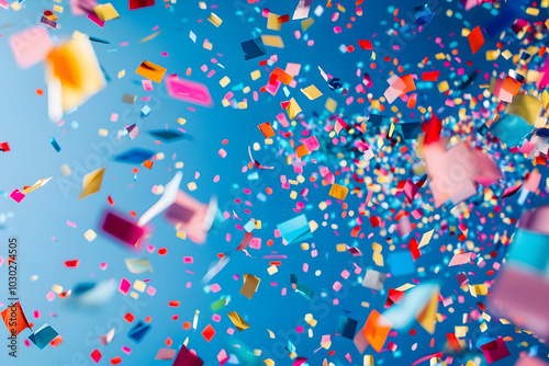 Colorful confetti falling on a blue background, captured with a wide-angle lens. -