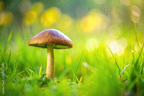 Wild mushrooms on spring grass with fresh green background at a tilted angle