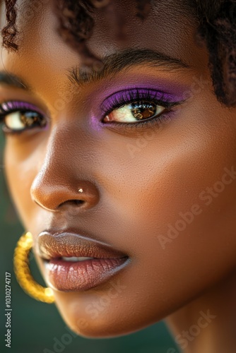 Gold earrings and purple eyeshadow highlight a woman's intense look at the camera.