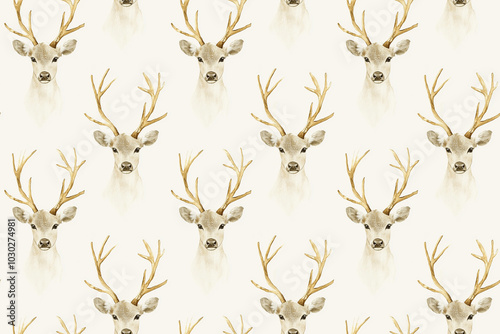 Watercolor deer seamless pattern with neutral tones, on a cream background, for wallpapers and paper gift packaging.