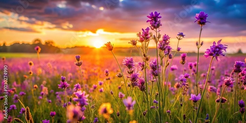 wild purple flowers in meadow at sunset with sunny background, asymmetrical