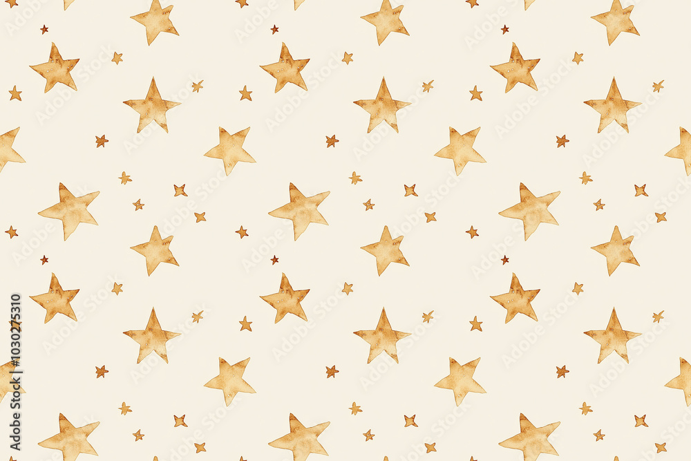 A seamless watercolor pattern of golden stars in various sizes on a light background, perfect for wallpapers, and paper gift packaging.