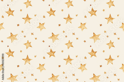 Obraz na płótnie A seamless watercolor pattern of golden stars in various sizes on a light background, perfect for wallpapers, and paper gift packaging. w salonie