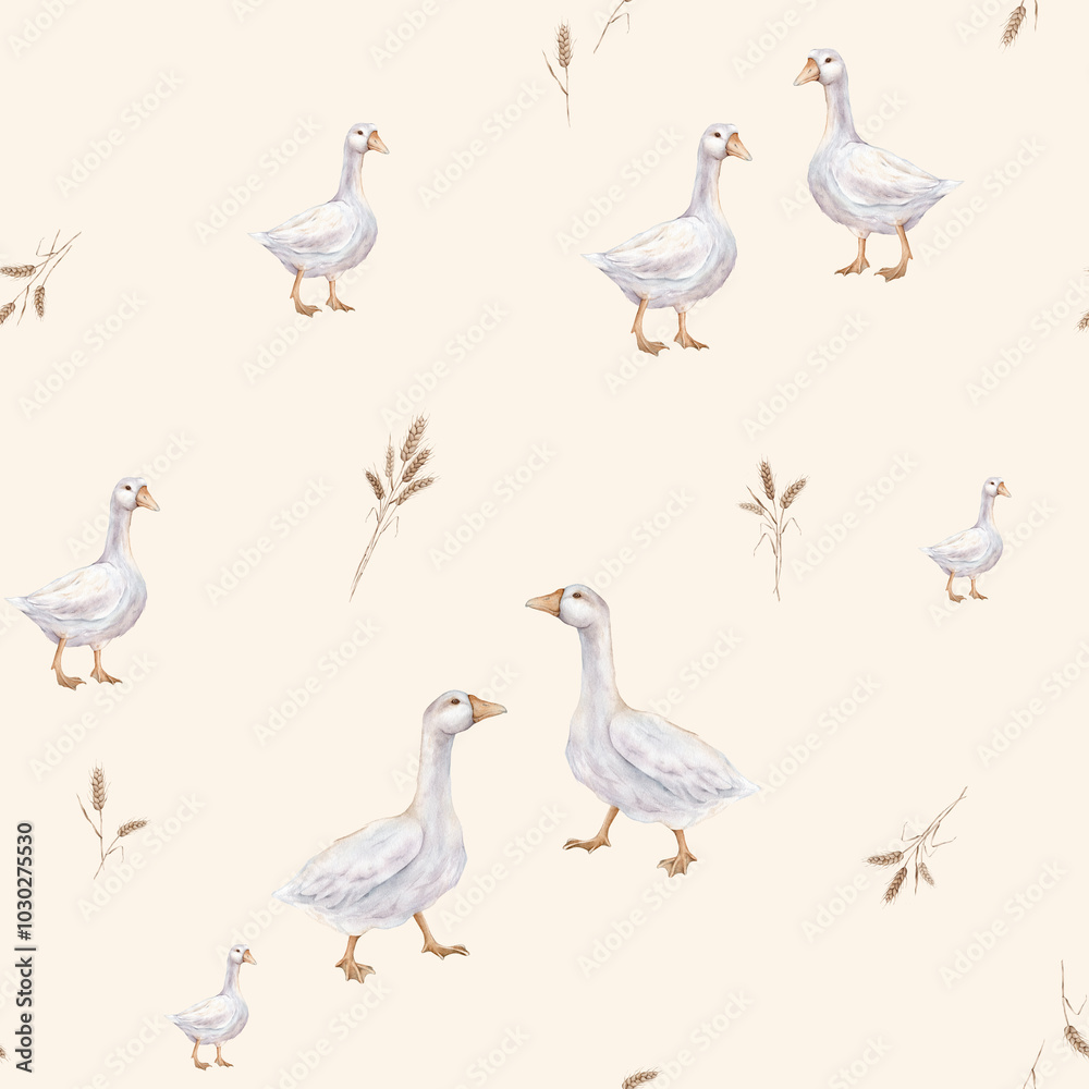 Fototapeta premium Watercolor seamless pattern with goose farm bird and ears of wheat. Tender illustration on a isolated on background. Repeat wallpapers with hand drawn illustration domestic birds and autumn harvest.