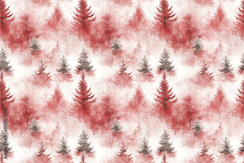 Seamless watercolor pattern of red trees in a misty winter forest, perfect for creating elegant textiles, wallpapers, or gift wrapping.
