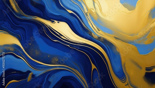 Abstract paint background by deep blue and gold color with liquid fluid texture in luxury flowting materials photo