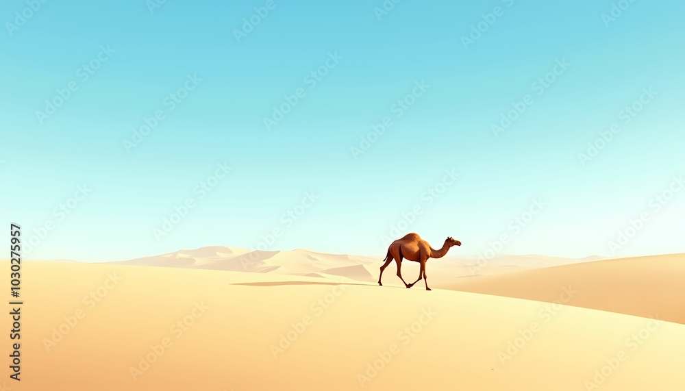 Solitary camel walking across golden sand dunes under a clear blue sky Solitary camel walking across golden sand dunes under a clear blue sky