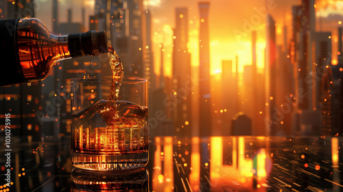 Whiskey pouring into a glass with ice, against a glowing cityscape at sunset, evoking a luxurious, urban vibe