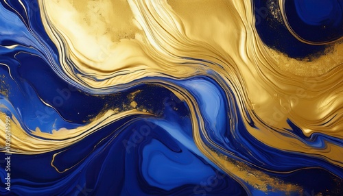 Abstract paint background by deep blue and gold color with liquid fluid texture in luxury flowting materials photo