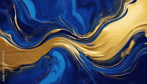 Abstract paint background by deep blue and gold color with liquid fluid texture in luxury flowting materials photo