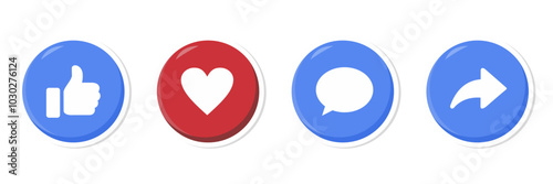 3d Social media notification icons in modern button. like, love, comment, share, icon thumbs up, heart, and repost.