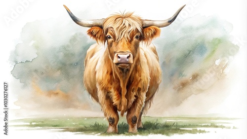 Watercolor style illustration of a minimalist highlander cow in Scotland photo